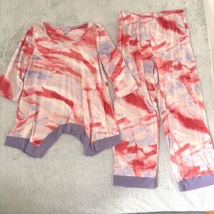 LOGO Lounge Set Top 3/4 Slv Hanky Hem Patching Pants Mesh Trim‎ Women M Artsy